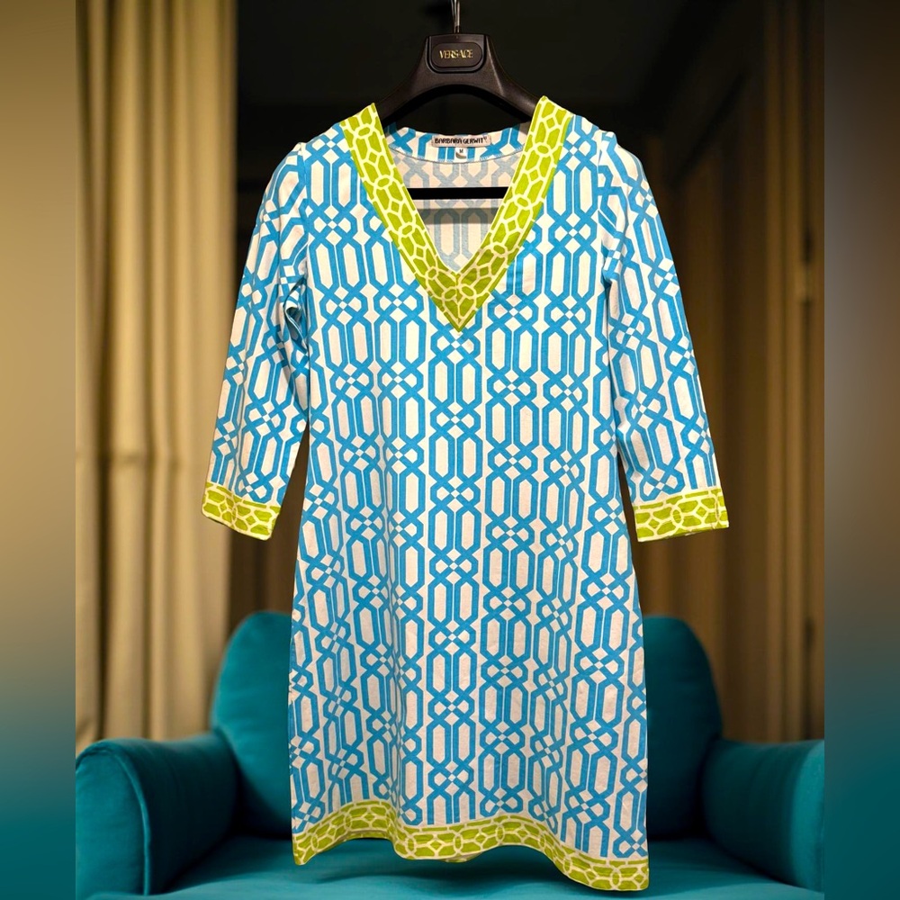 Barbara Gerwit EUC Size M Blue & White 3/4 Sleeve Patterned Mini Dress (0584)